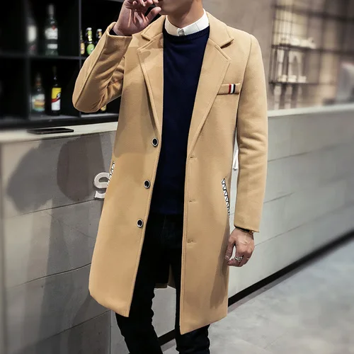 Khaki Thick VOGUELEO осень-зима мужской шерстяной Тренч приталенный длинный деловой Тренч для мужчин лацкан Досуг Высокое качество верхняя одежда - Цвет: Khaki Thick