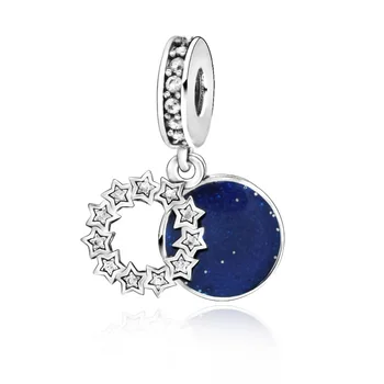 

100% Solid Beads Inspirational Stars & Blue Enamel Dangle Charm fit Original European Bracelets Women DIY Jewelry