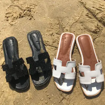 

2020 Women Shoes Summer Slippers Genuine Leather Square Toe Ladies Slides Outside Womens Slippers Flats Sandals