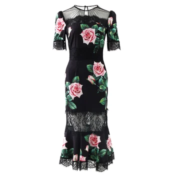 

European American Style Women Summer Elegant Mermaid Printing Dress O-neck Short Sleeve Lace Patchwork Slim Quality Dress