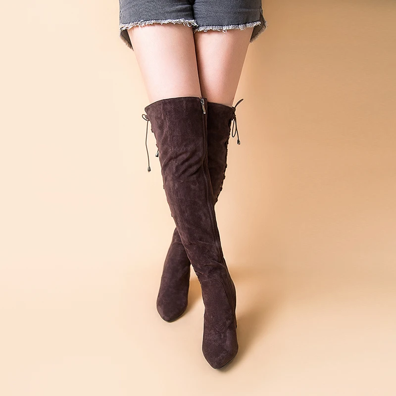Женские облегающие сапоги; пикантные Сапоги выше колена на высоком каблуке 9,3 см; сапоги из натуральной кожи и флока; зимние сапоги до бедра на шнуровке; V543-301