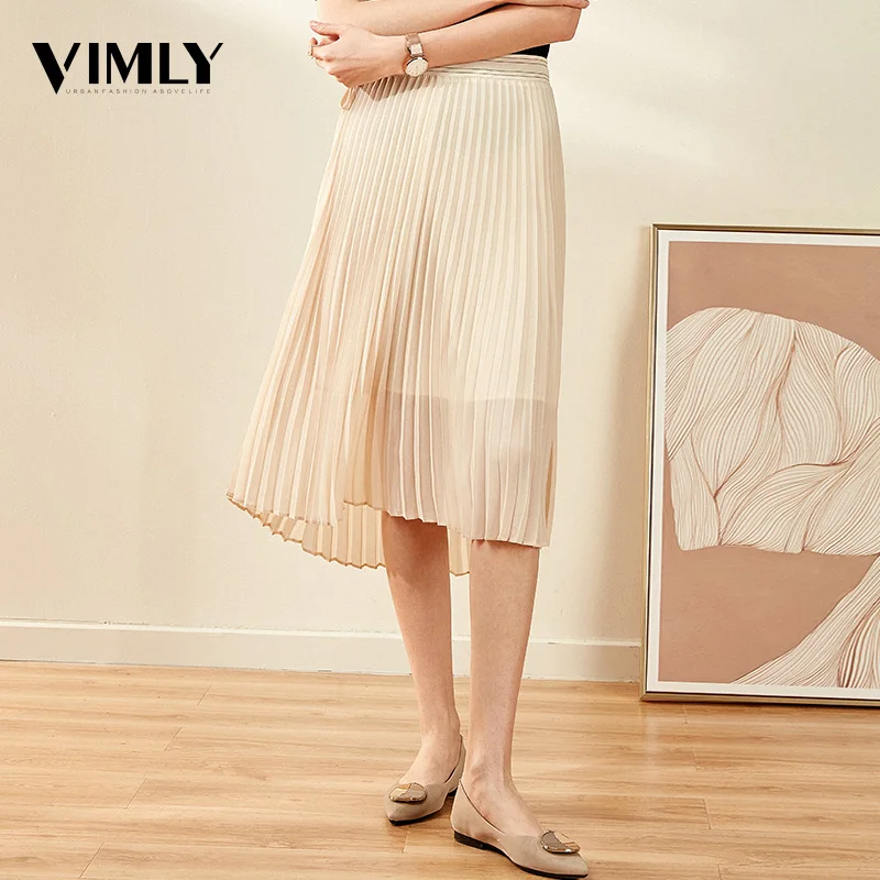 

Vimly Elegant Women Solid Midi Pleated Skirt Office Ladies Chiffon High Waist A-line Skirts Female High Street Wear