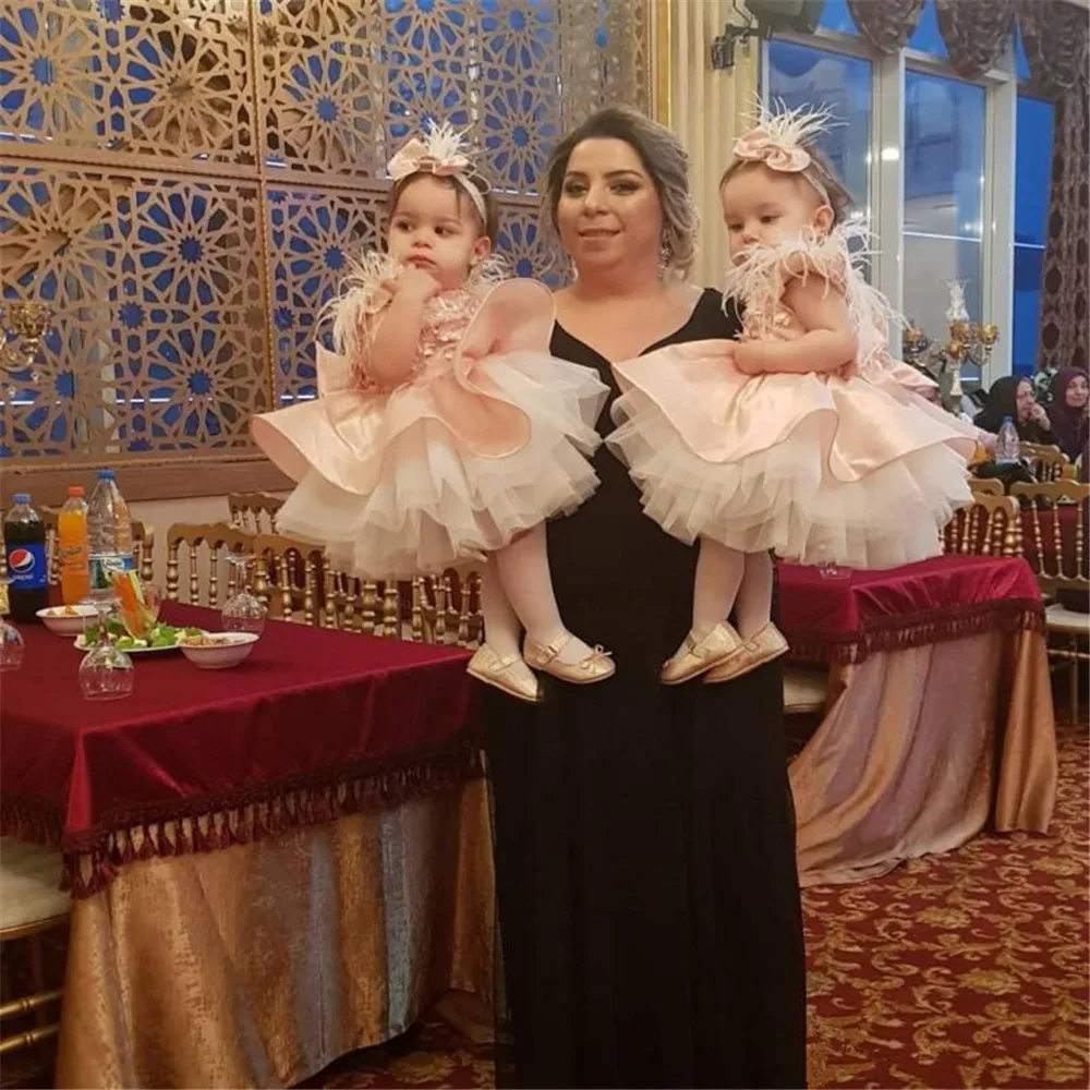 Розовые Платья с цветочным узором для девочек, длина до колена, Кружевная аппликация, каскадные оборки, платье принцессы для дня рождения, свадьбы, первого причастия