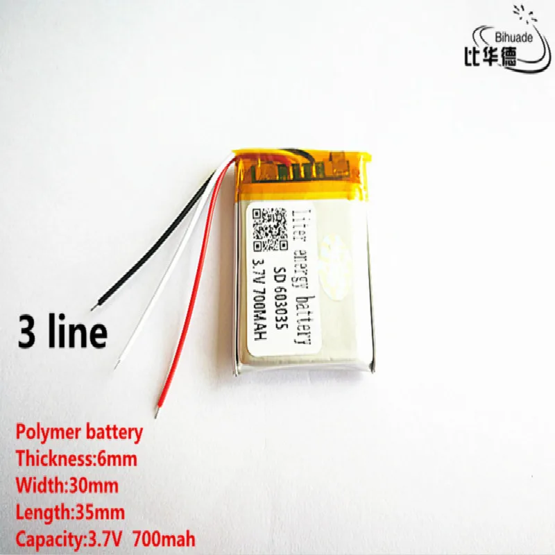 

5pcs/lot 3 line Good Qulity 3.7V,700mAH,603035 Polymer lithium ion / Li-ion battery for TOY,POWER BANK,GPS,mp3,mp4