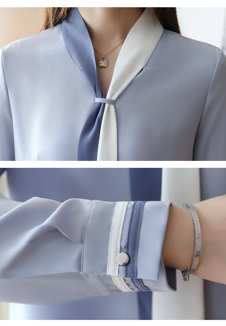 بلوزات شيفون نسائية كلاسيكية بأكمام طويلة ورقبة على شكل حرف V ، بلوزات فضفاضة ، ملابس غير رسمية ، أحادية اللون ، أنيقة ، مكتب ، خريف