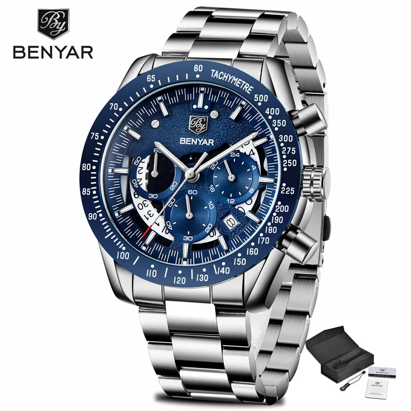 BENYAR Топ люксовый бренд Moon Phase часы мужские водонепроницаемые Хронограф военные спортивные кварцевые часы мужские часы Relogio Masculino - Цвет: Silver Blue S