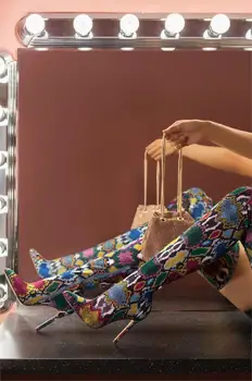 

Newest Knee High Riding boots Woman pointed Toe Snakeskin Leather Thick Heels Long Boots Fashion Shoes