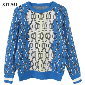 

XITAO Hit Color Plaid Sweater Knitted Pullover Korea Fashion New 2019 Winter Full Sleeve Elegant O Neck Casual Sweater GCC2800