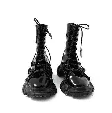 Женские кожаные ботильоны на шнуровке; botas Feminina; зимние ботинки с круглым носком; женская обувь на платформе; botas Mujer; модная обувь; zapatos De Mujer - Цвет: Черный