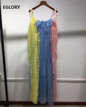 

High Quality Strap Long Dress 2020 Summer Sexy Ladies Blue Yellow Pink Color Block Ruffle Deco Sleeveless Casual Beach Dress
