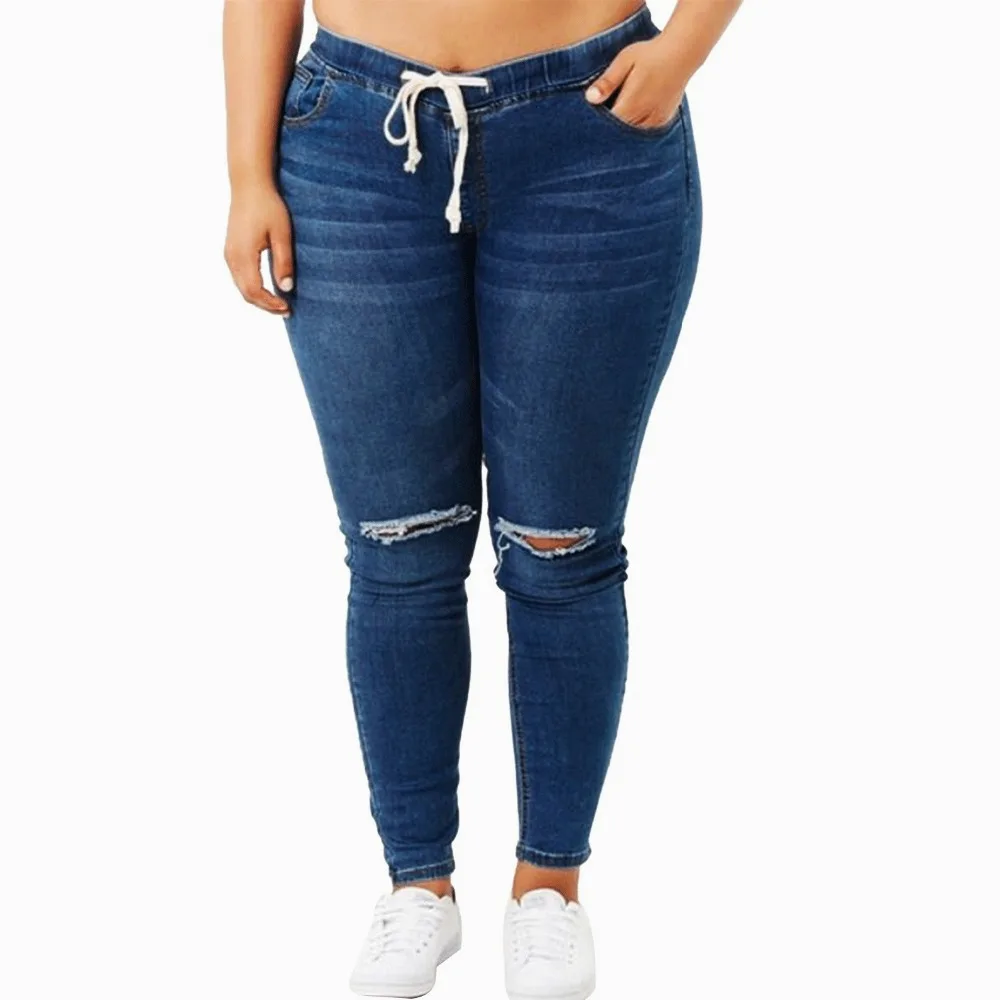 Женские модные брюки для бега повседневные джинсовые облегающие штаны на шнурке с эластичной талией рваные джинсы однотонные женские большие размеры