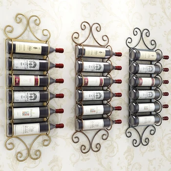

European Retro Iron Wall Mount Wine Holder Rack Wine Rack Shelf Support Cabinet Wholesale 4-12 Bottles Creative Flat Hanging Red