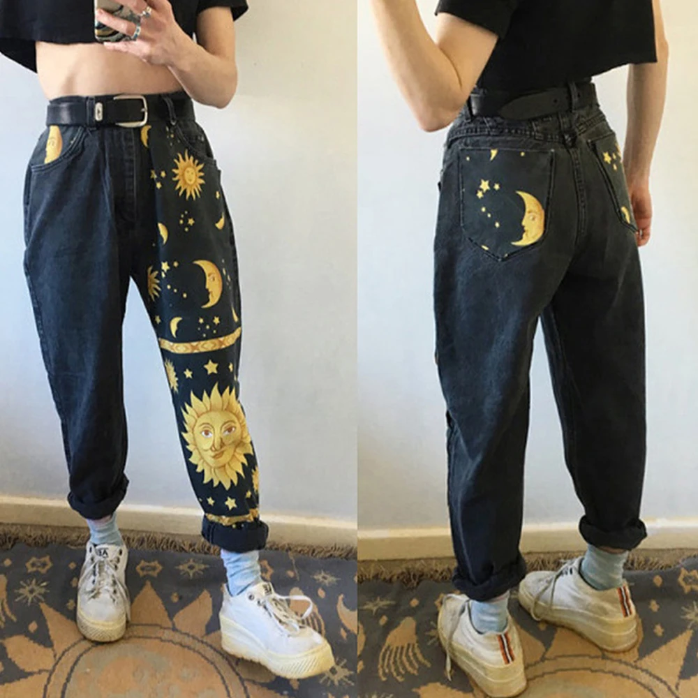 

Stylish High Waist Straight Jeans Women Pant Streetwear Loose Fit Female Denim S-XXL Printing Jeans 2020 Summer Ladies Jeans D30