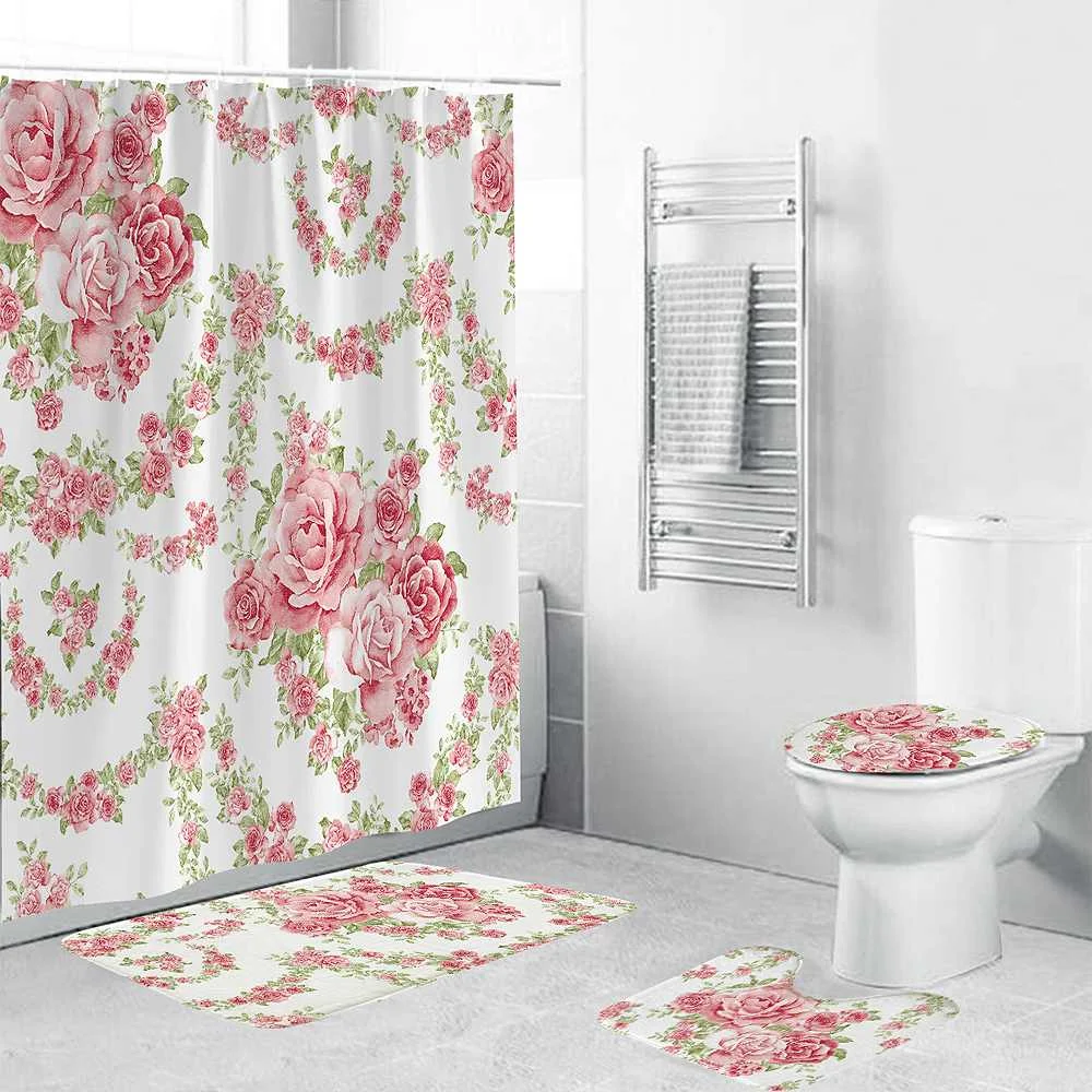 

4pcs Anti-Slip Bath Mat Waterproof Pink Roses Flower Vine Pattern Bathroom Shower Curtain Home Decor Toilet Rug Seat Cushion Set