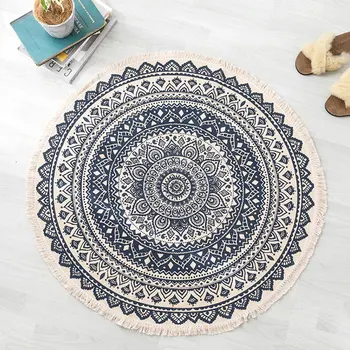 

Ethnic style Round Handmade Woven Carpet Cotton Linen Rug Vintage Plain Tapestry Bedroom Mat