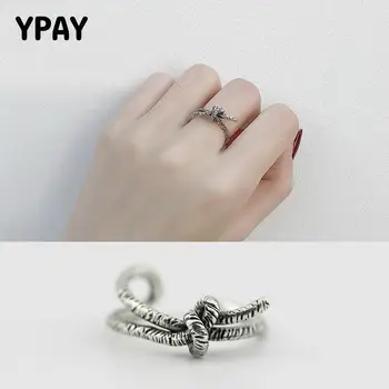 

YPAY Genuine 925 Sterling Silver Cuff Rings for Women Simple Style Distortion Opening Ring Brand Fine Jewelry Gifts YMR225