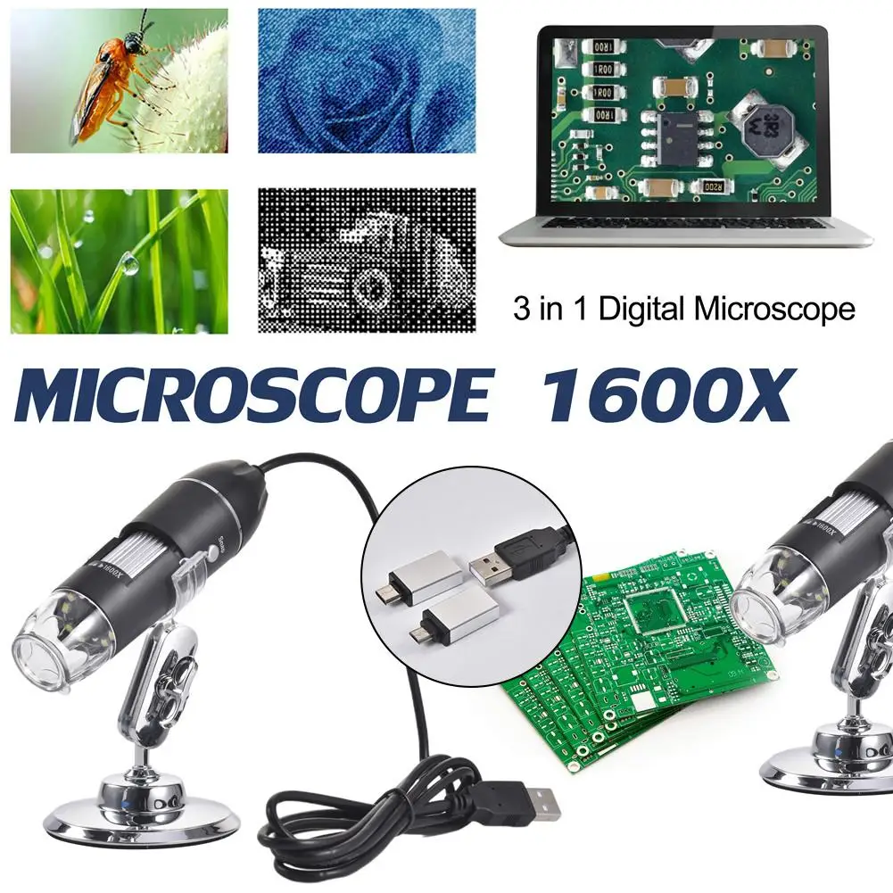 

3 In 1 New Portable HD 1600X 2MP Zoom Microscope 8 LED Micro USB Type-c Digital Handheld Magnifier Endoscope Camera