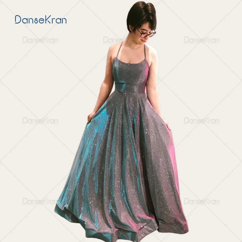 

Light Purple Glittery Prom Dresses Spaghetti Strap Formal Evening Dresses Corset Back Floor Length A-line Prom Gowns