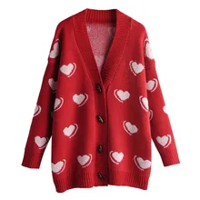 Осенний кардиган, свитер, пальто с принтом в виде сердца, свободное модное пальто, повседневный зимний женский вязаный свитер с длинным рукавом# T