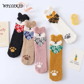 

[WPLOIKJD]Coral Fleece Warm Cartoon Embroidered Dog Pattern Winter Socks Women Cute Funny Socks Chaussette Femme Gift Sokken