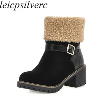 

Women's Boots Autumn Winter High Heel Warm Patchwork Round Toe Ankle Snow Boots Flock 2019 New Sexy Fashion Casual Black Plush