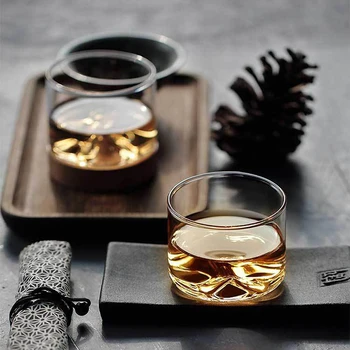 

Bar Transparent Glass Cups Set Whiskey Wine Bowl with Small Mountain Wooden Base Unique Heat-resistant Gift Tea Mugs Drinkware