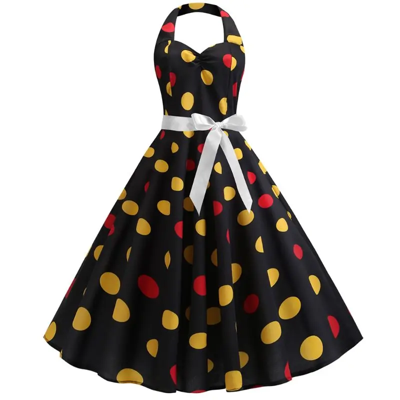 

Womens 1950s Vintage Floral Halter Swing Dress Sleeveless Polka Dot Lace Trim Belted Empire Waist Rockabilly Cocktail Tea BX0A