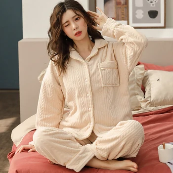 

New M-3XL Flannel Pajamas Set Women's Winter Warm 2 Pieces Sleepwear Female Casual Loose Laper Pjy Sets Plus Size Home Clothes