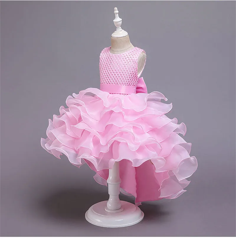 Новогоднее кружевное многослойное платье принцессы со шлейфом для официальных выступлений Пышное розовое платье с цветочным узором для девочек