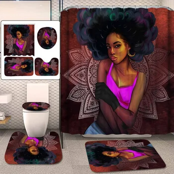 

Bath Mat Set 180x180cm Shower Curtain African Woman Girl Polyester Curtain Bathroom Pedestal Toilet Seat Floor Mat