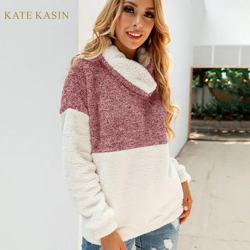 Kate Kasin/осенне-зимний Пушистый Плюшевый пуловер с длинным рукавом для женщин, Повседневный свитер с карманом, пуловер с ягненком