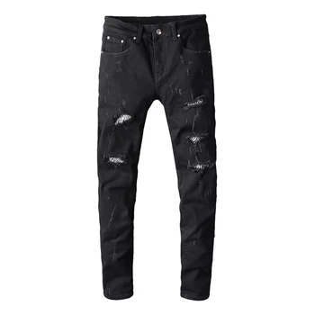 

2019 Fashion Streetwear Men Jeans Top Quality Black Patchwork Destroyed Ripped Jeans Men Punk Pants Hip Hop Elastic Skinny Jeans