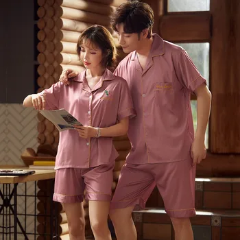 

Couples Short Sleeve Silk Satin Shorts Pajama Sets for Women 2020 Summer Sleepwear Pyjama Men Homewear Pijama Mujer Home Clothes