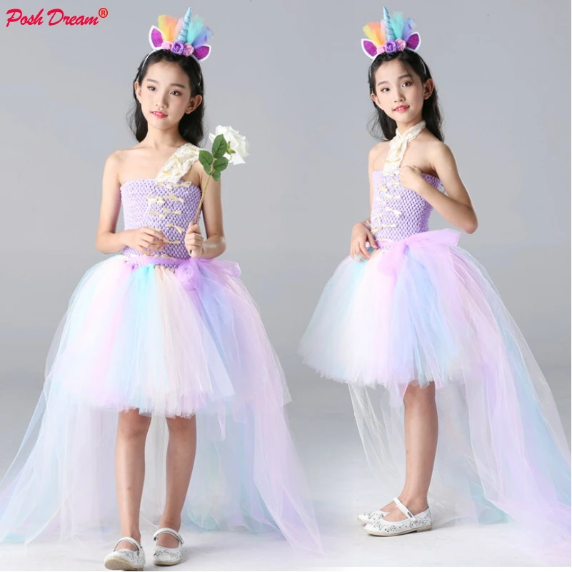 Розовые синие платья для первого причастия с длинным шлейфом Платья цветочным