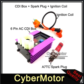 

6 Pin Racing Adjuster AC CDI + Ignition Coil + 3 Electrode A7TC Spark Plug For 50cc 125cc 150cc ATV Quad GY6 Scooter Moped