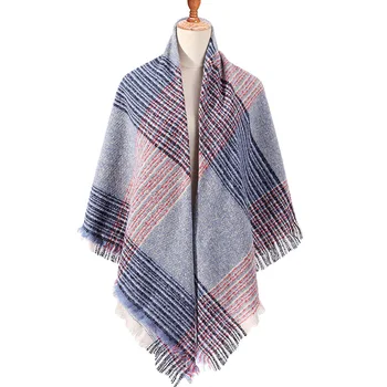 

Women Luxury Plaid Scarf Knitted Cashmere Poncho Shawl Soft Warm Blanket Warps Lattice Wool Scarves for Ladies