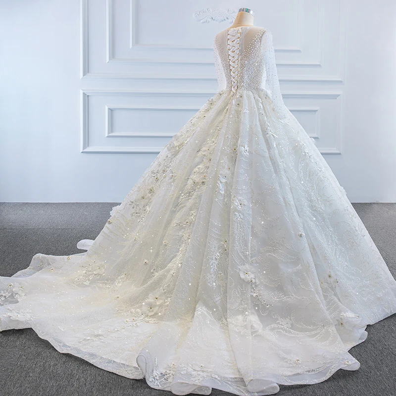 J67183 Jancember White Wedding Dresses 2020 O Neck Long Sleeve Pearl Sequined Beaded Flowers Vestidos De Noiva кружевное платье 3