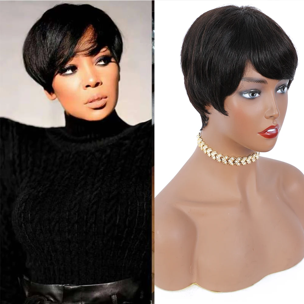 perruque carr&eacute; court perruque cheveux humain Short Wig For Black Women Pixie Wig Machine Made Side Part Remy silk base mono top