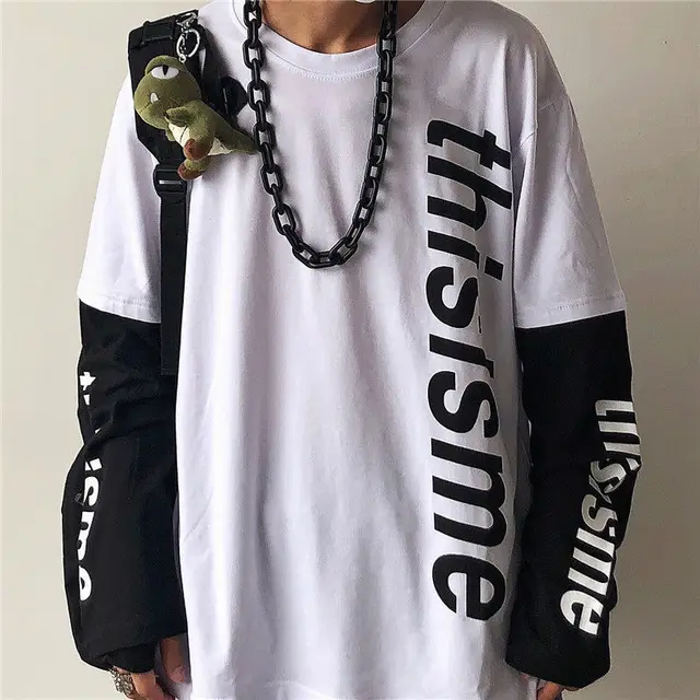 Autumn new trend dark hip-hop cross printing loose large size fake two-piece long-sleeved T shirt for men and women 4