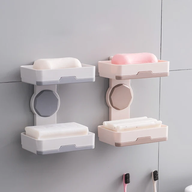 Bathroom Suction Cup Soap Dishes Plastic Holders Wall-mounted Double-deck Creative Drainage Soap Storage Double Spin Soap Racks 3