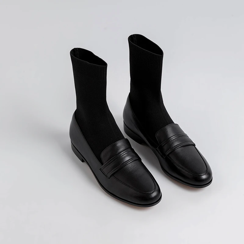 Women's genuine leather Stretch knitting patchwork slip-on flats autumn ankle boots leisure soft comfortable short booties shoes