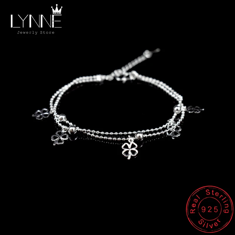 

Newest Fashion 925 Sterling Silver Double Layer Small Ball Chain Bracelets Lucky Clover Pendant Bracelet For Women Jewelry Gift