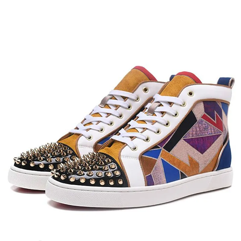

2019-20 New Mixed Color Casual Men's Shoes Geometric Pattern Round Flats Shoes Men Toe Spikes Decor Street Style Lace UP Tenis