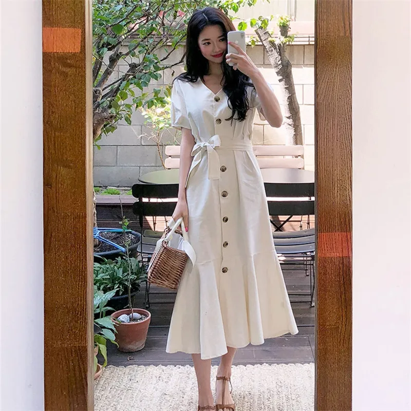 Летнее платье на пуговицах женское винтажное в стиле бохо для вечеринок Белое