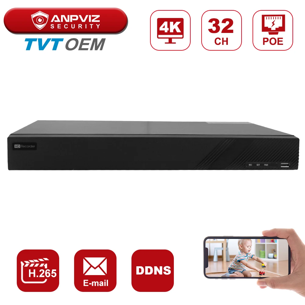 Anpviz POE NVR H.265 TVT OEM 32CH выход 4K 8MP Запись в реальном времени P2P Onvif 25/30fps Удаленный