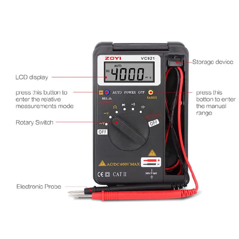 ZOYI VC921 Цифровой мультиметр Емкость AC/DC Транзистор тестер напряжения зонд