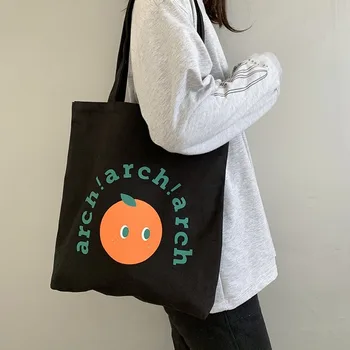 

Women Canvas Bags Cartoon Orange Printing Tote Shopping Bags Casual Cloth Shoulder Bag for Girls Ladies Shopper Bags with Zipper