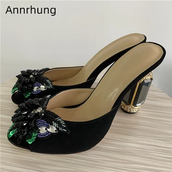 

Black Suede Crystal Flower High Heel Shoes Woman Jeweled Rhinestone Bling Sequined Cloth Diamond Heel Slippers Women
