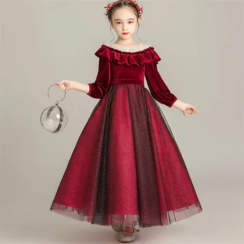 

2020Autumn Winter Elegant New Long sleeves Birthday Evening Party Princess Mesh Dress Kids Teens Host Costumes Dress Clothes