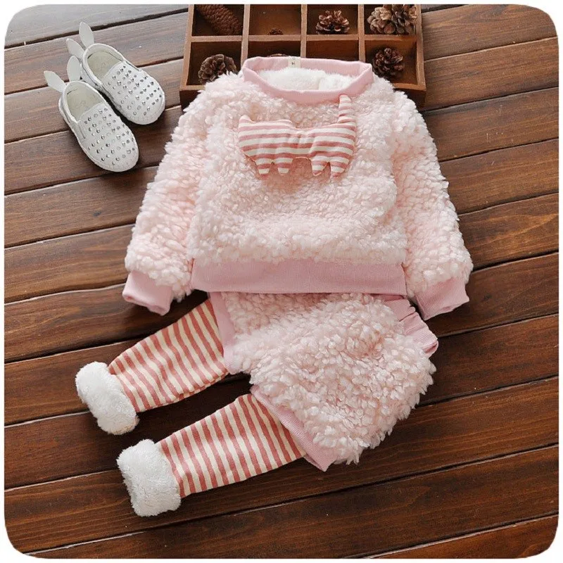 Коллекция года, зимние толстовки с капюшоном из плотного флиса для маленьких девочек топы+ штаны в полоску костюмы принцессы для детей из 2 предметов комплекты одежды для младенцев